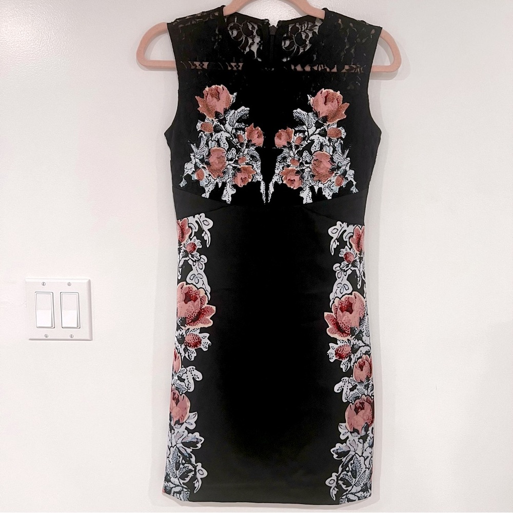 Guess Womens XS Lace Inset Floral Print Cocktail Dress Black Mini Dark Eden - Picture 2 of 12
